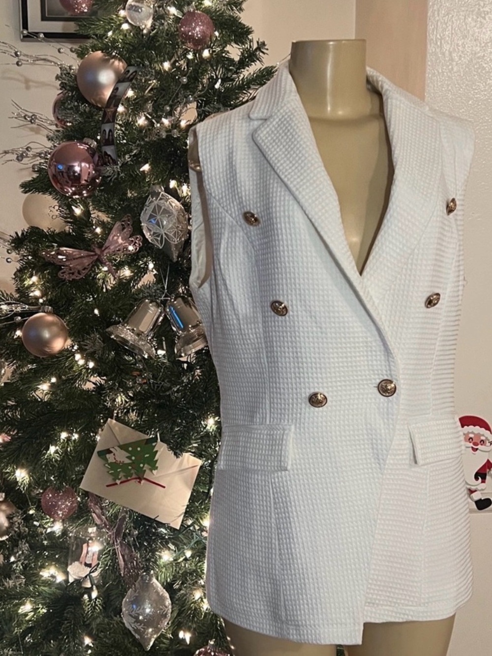 Textured Double-Breasted Sleeveless Blazer Vest - White